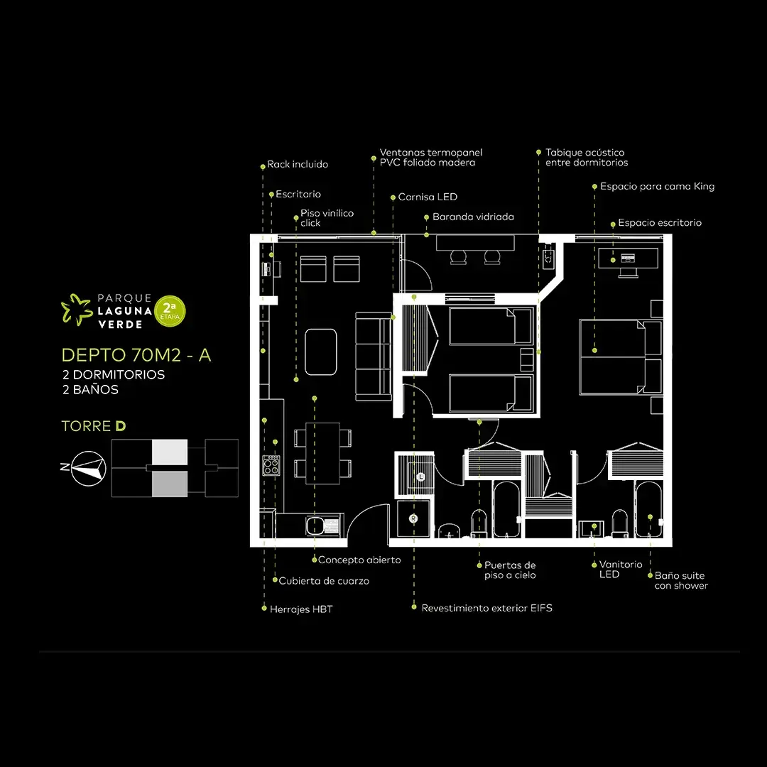 Departamento de 70 m2 modelo A del proyecto Parque Laguna Verde Segunda Etapa