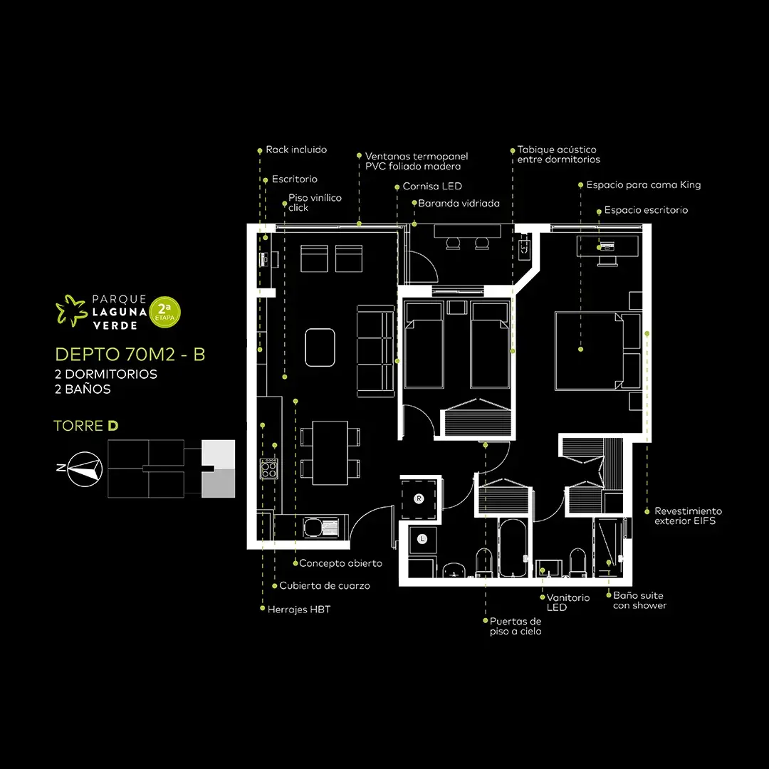 Departamento de 70 m2 modelo B del proyecto Parque Laguna Verde Segunda Etapa