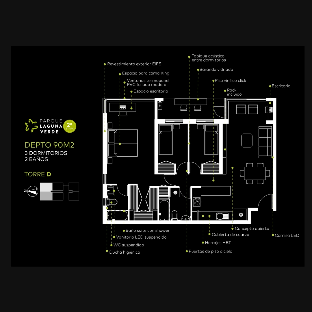 Departamento de 90 m2 del proyecto Laguna Verde Segunda Etapa